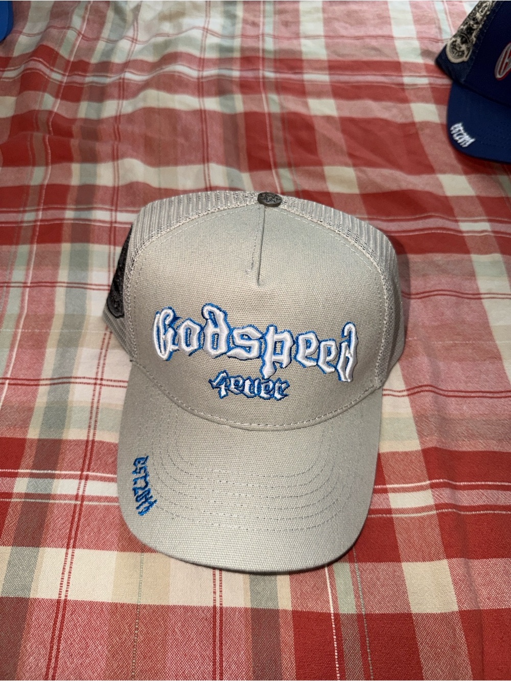 Godspeed Grey Trucker Hat with Blue Embroidery